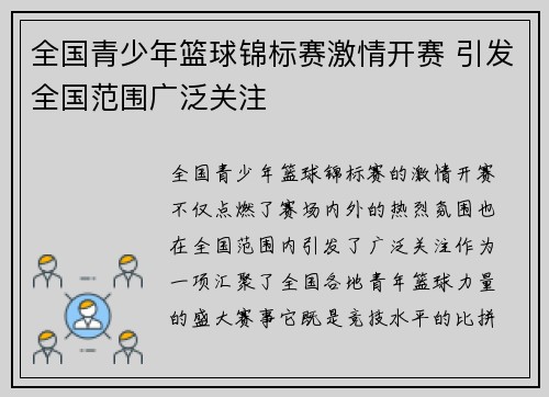 全国青少年篮球锦标赛激情开赛 引发全国范围广泛关注
