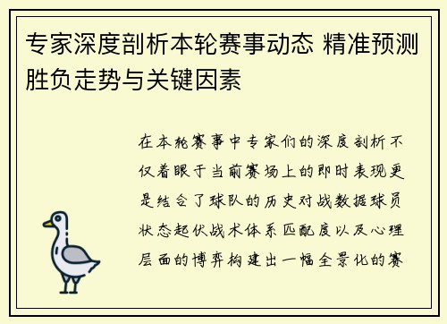 专家深度剖析本轮赛事动态 精准预测胜负走势与关键因素