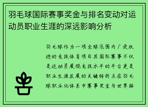 羽毛球国际赛事奖金与排名变动对运动员职业生涯的深远影响分析